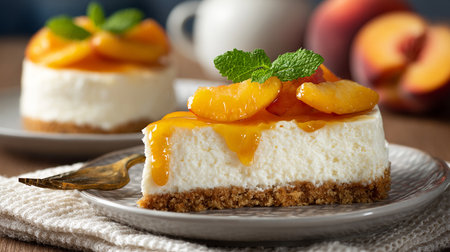 Piece of peach cheesecake with fresh peaches, selective focusの素材