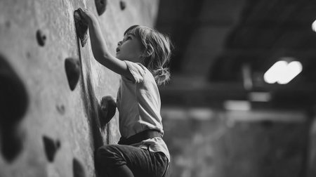 Little boy climbing on a wall in a gym. Black and white photo.の素材