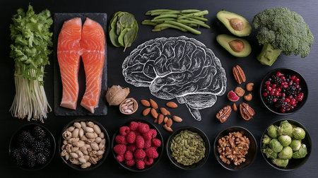 Healthy food clean eating selection: fish, fruits, vegetables, nuts, cereals, seeds and fruits. Balanced diet. Top view.の素材