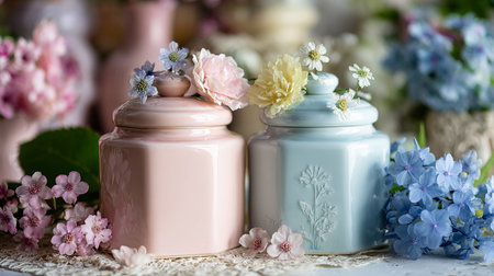 Colorful pastel jars with hydrangea flowers on white backgroundの素材