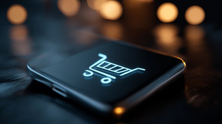 Shopping cart icon on smart phone screen. Online shopping concept.の素材