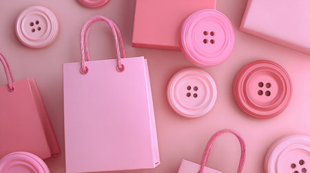 Pink paper shopping bags and buttons on pink background. 3d renderingの素材