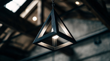 Modern black chandelier hanging on the ceiling of a cafe.の素材