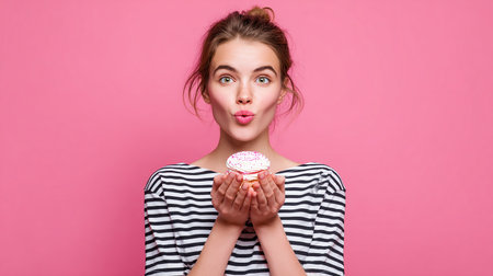 Surprised young woman holding donut and looking at camera isolated on pink backgroundの素材
