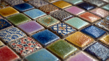 Colorful ceramic tiles. Close up of colorful ceramic mosaic tiles.の素材