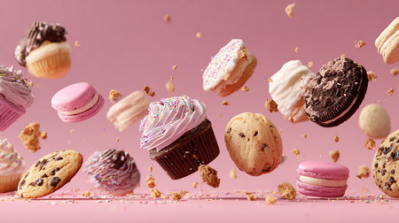 Flying cakes and macaroons on pink background, food levitation conceptの素材