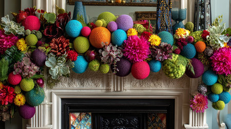 Colorful easter eggs decorated with flowers on a wall in a roomの素材