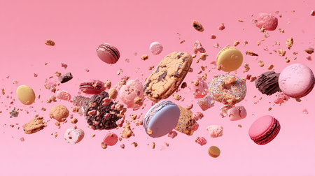 Different types of macaroons falling on pink background, top viewの素材