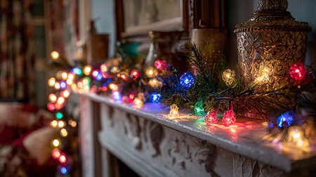 Christmas decorations on the fireplace in the living room. Selective focus.の素材