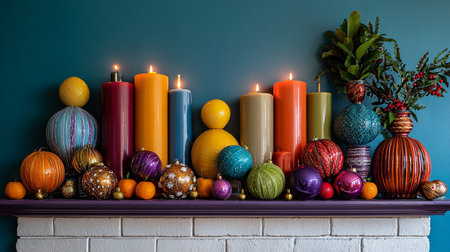 Colorful Christmas ornaments and candles on a blue wall.の素材