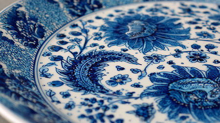 Traditional Chinese porcelain plate with floral pattern, close-upの素材