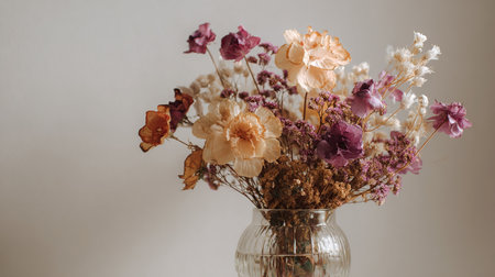 Bouquet of dried flowers in glass vase on white backgroundの素材