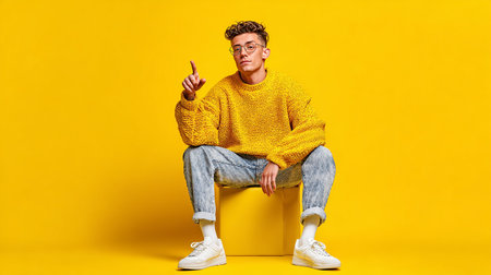 Full length portrait of a young man in eyeglasses sitting on a yellow cube and pointing finger upの素材