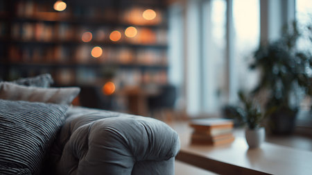 Interior of living room in loft style with soft pillows on the sofa and bookshelf in the backgroundの素材