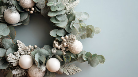 Christmas wreath with eucalyptus branches and silver ballsの素材