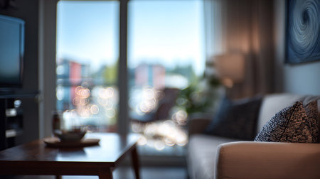 Interior of modern living room with sofa and coffee table. Blurred backgroundの素材
