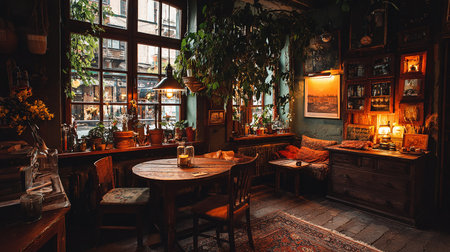 Interior of a pub with wooden tables and chairs, vintage styleの素材