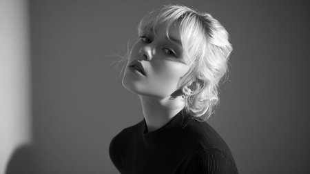 Black and white portrait of a beautiful blonde woman with short hair.の素材