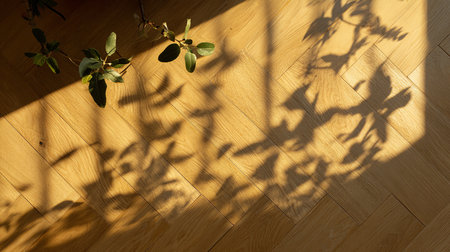 Shadow of leaves on wooden floor. Natural light and shadow of leaves.の素材