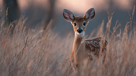 Young whitetail fawn standing in tall grass at sunset.の素材