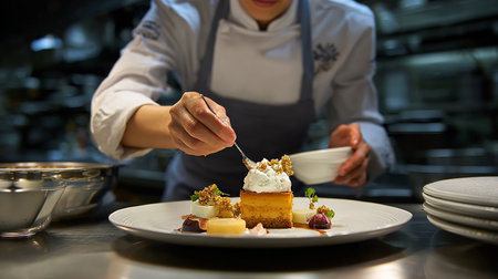 Chef decorating a cake with whipped cream in a restaurant kitchenの素材