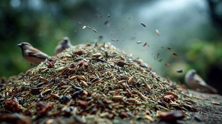 Close up of a pile of wild bird feeder in the countrysideの素材