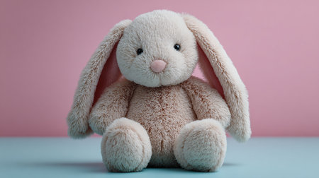 Cute soft toy bunny on blue and pink pastel background.の素材