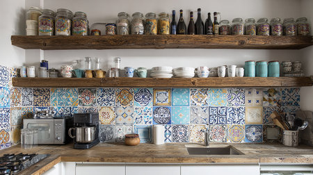 Interior of a rustic kitchen in a modern house with white and blue tilesの素材