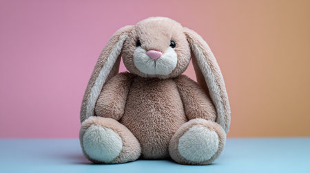 Soft toy bunny on pastel pink and blue background, copy spaceの素材