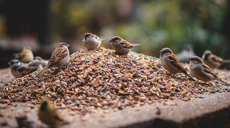 A flock of sparrows eating sunflower seeds on a feederの素材