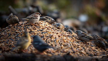 A flock of sparrows eating sunflower seeds on a feederの素材