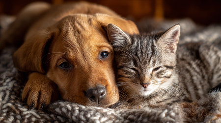 Adorable puppy and cat sleeping together on knitted plaid.の素材
