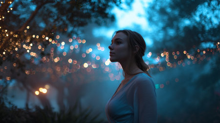 Portrait of a beautiful young woman in a night park with lights on backgroundの素材