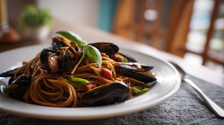 Spaghetti with mussels, tomato sauce and basil on a plateの素材