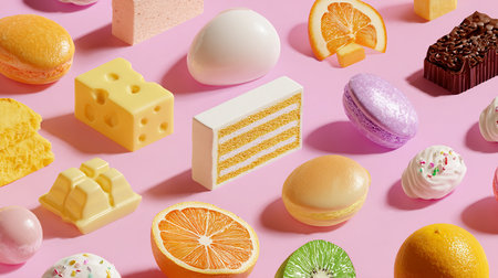 Creative layout made of different sweets on pink background. Minimal concept.の素材