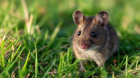 Close-up of a brown mouse on green grass in the gardenの素材