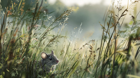 Little mouse in the grass in the meadow at sunset time.の素材