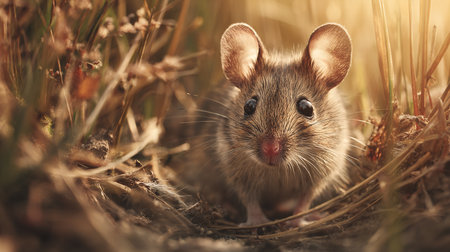Cute little mouse in the grass. Close-up shot.の素材