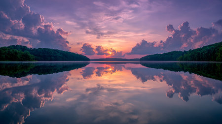 Beautiful sunset on the lake with reflection in the water. Landscape.の素材