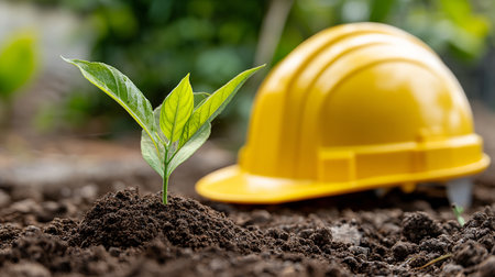 Plant in the soil with yellow hard hat and yellow safety helmetの素材