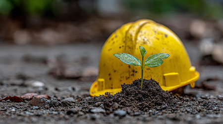 Plant seedling in a yellow hard hat on the ground.の素材