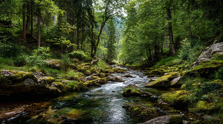 Stream in the forest. Summer landscape. Mountain river in the forest.の素材
