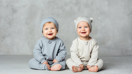 two little baby boy and girl sitting on the floor in the studioの素材