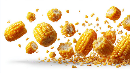 Corn falling into the air isolated on white background. 3d illustrationの素材