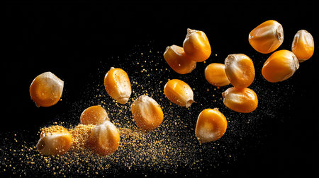 Corn seeds falling into the air on a black background with splashesの素材