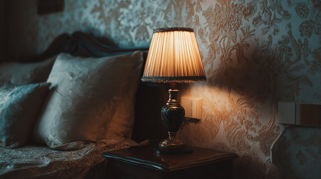 Lamp on the bedside table in the interior of the roomの素材