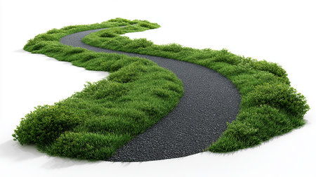 Winding road with grass on white background. 3D illustration.の素材