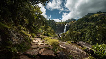 Mountain landscape with a waterfall in the rainforest of Ecuador.の素材