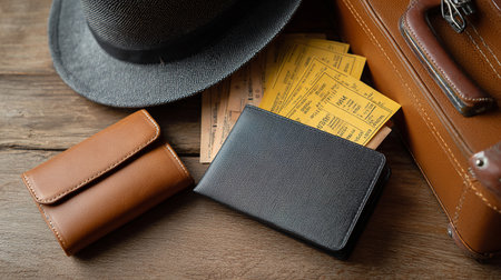 Vintage brown leather wallet and hat on old wooden background. Travel concept.の素材