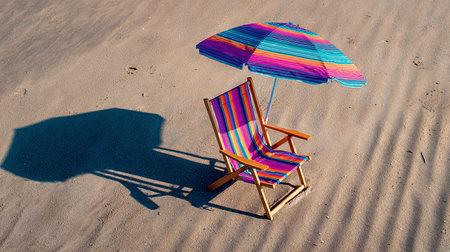 Beach chair with umbrella on the sand in the morning light.の素材